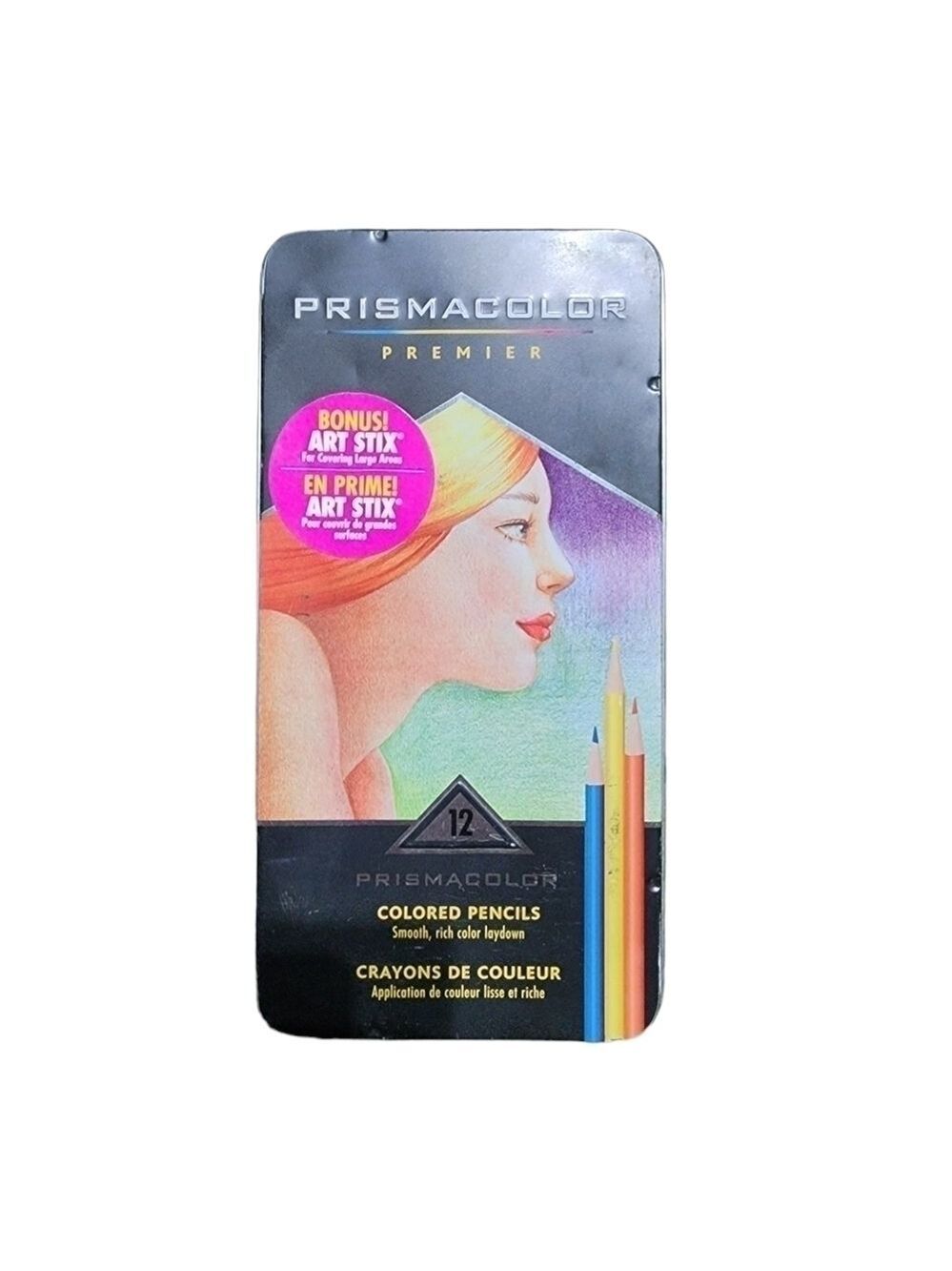 VTG Prismacolor premier set of 12 colored pencils with bonus art stix in tin